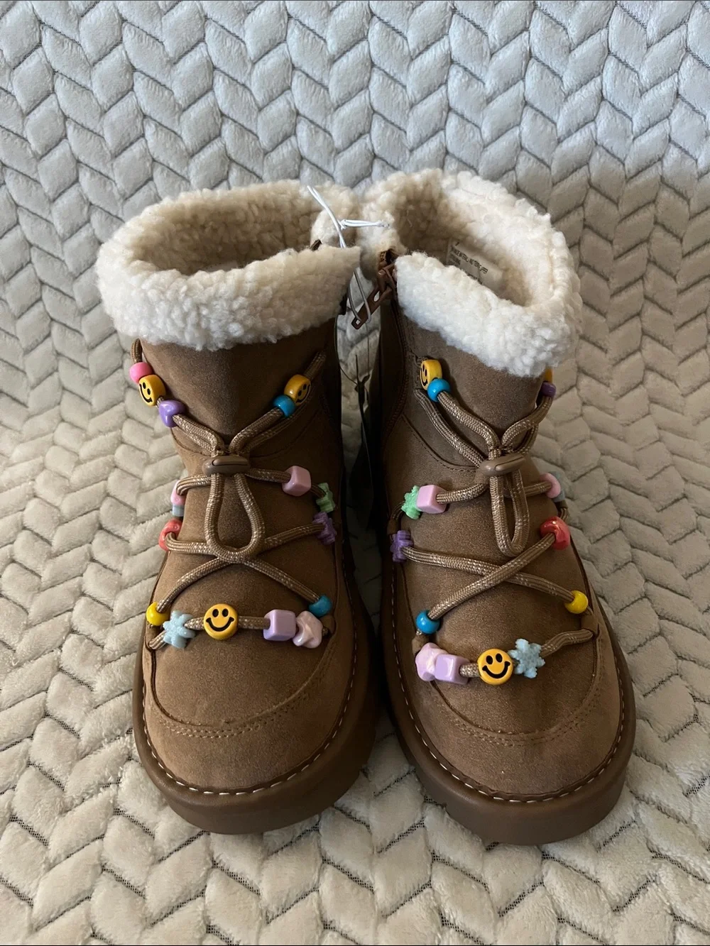 art class Brown Kids Boots with Cream Faux Shearling and Multicolor Bead Accents